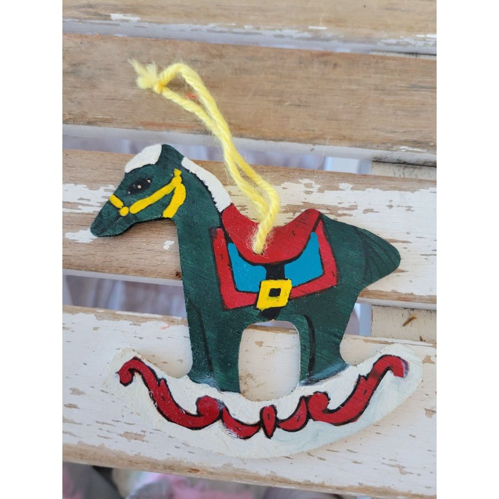 Wooden hand-painted rocking horse ornament Xmas tree holiday home decor vintage